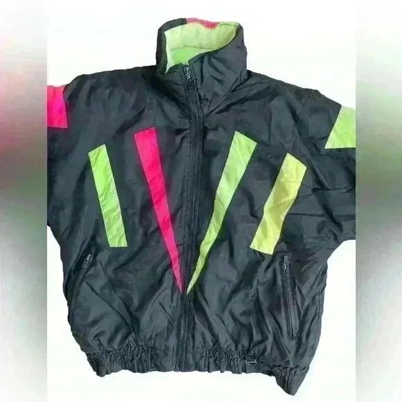 Vintage 80’s Green Mountain Color Block Ski Jacket Women’s L Neon Rave Coat - Picture 3 of 10